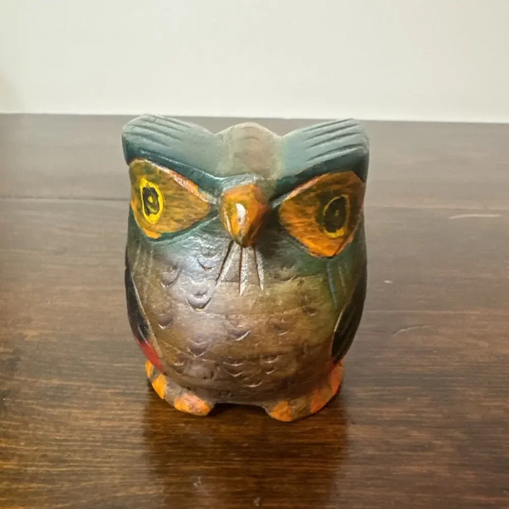 Vintage Wooden Owl Figurine Hand Carved Artisan Wood Bird Colorful Folk Art